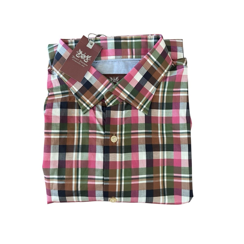 NWT Hickey Freeman Shirt Mens XL Raspberry Plaid Cotton Button Down Preppy